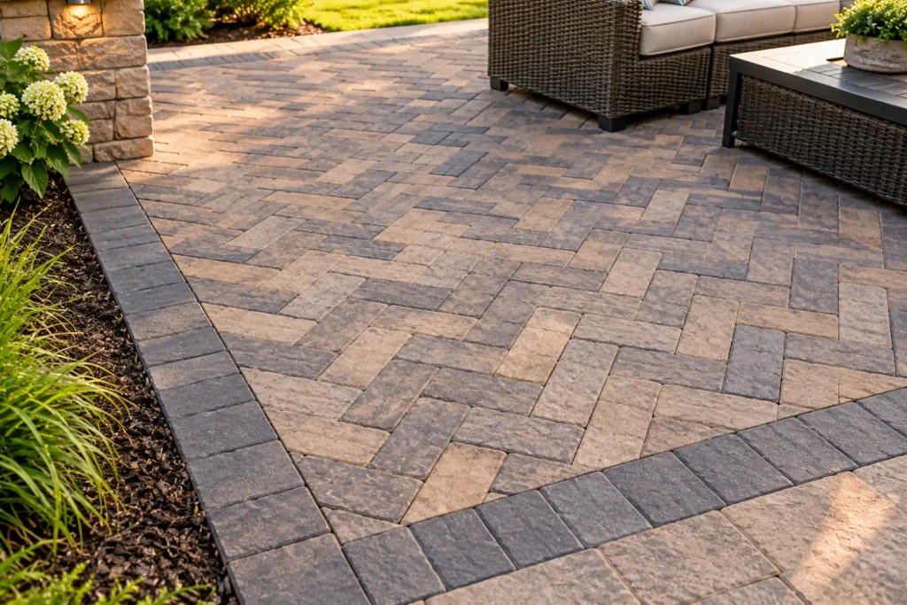 Close-up of a herringbone paver patio pattern with a contrasting border