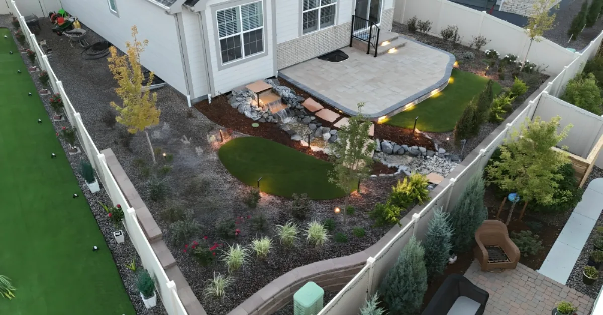 Patio, lawn and planting in one landscape design