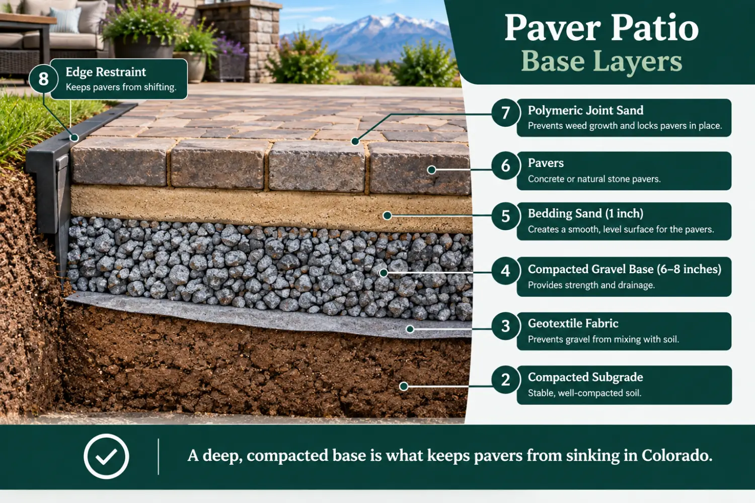 Diagram of paver layers including gravel base, bedding sand and edge restraint