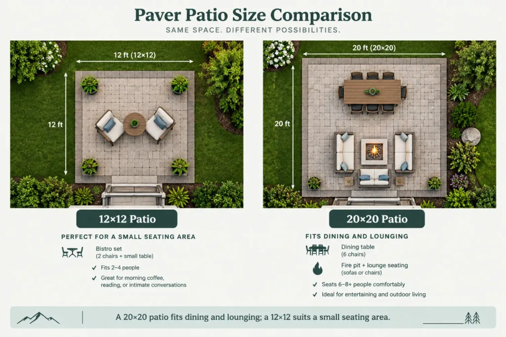 Size comparison of a 12×12 and a 20×20 paver patio with furniture layouts