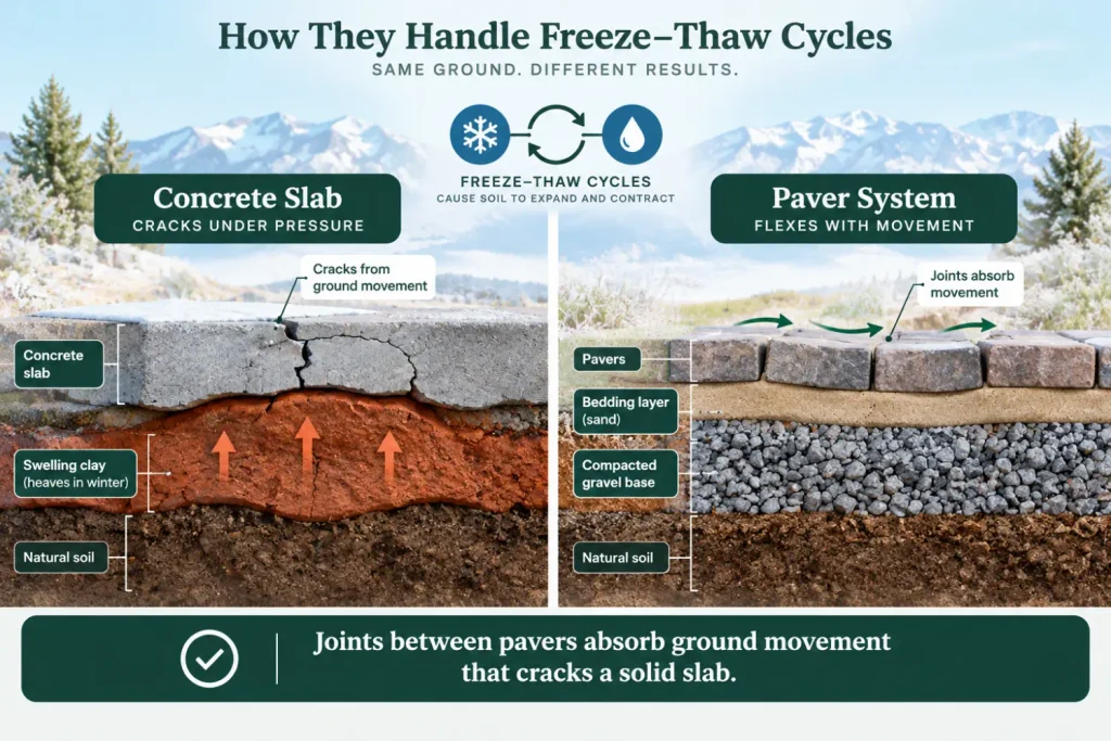 Diagram showing how concrete cracks and pavers flex during freeze-thaw cycles