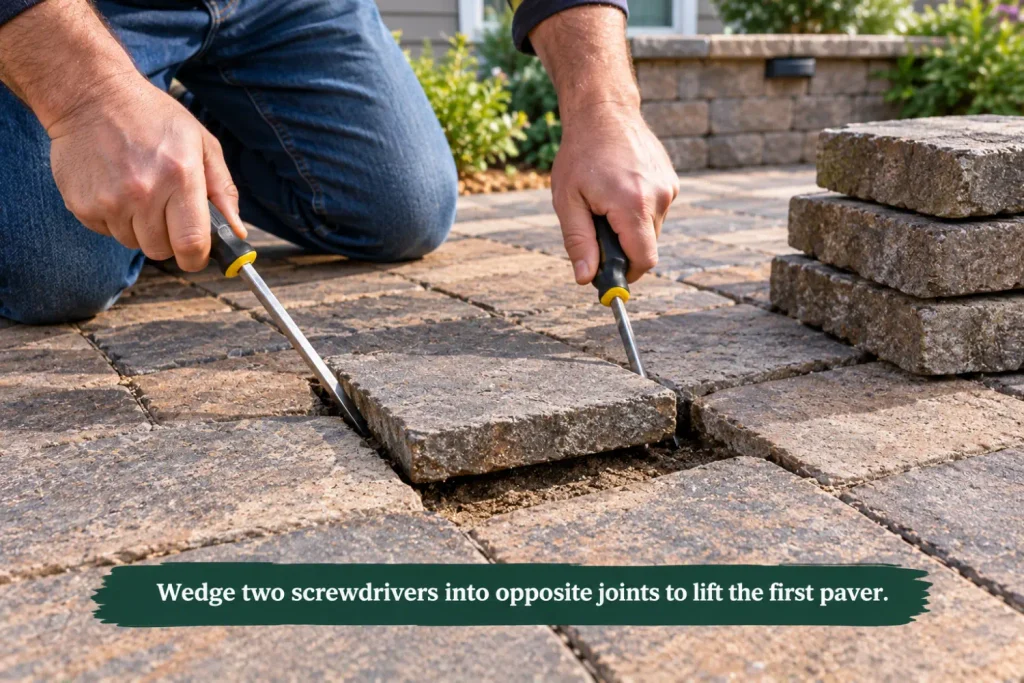 Removing a sunken paver with two flathead screwdrivers