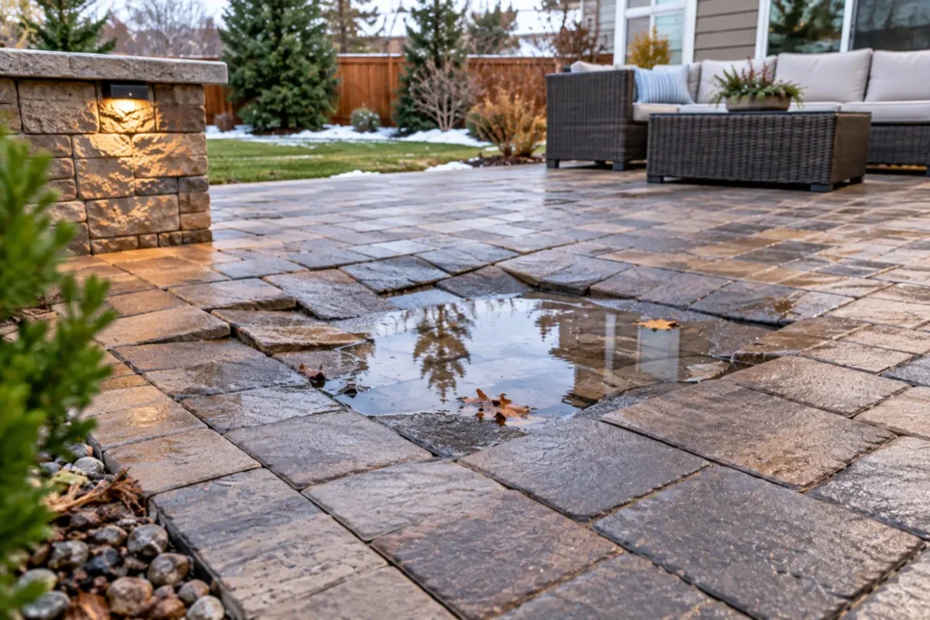 Sunken pavers in a backyard patio with standing water